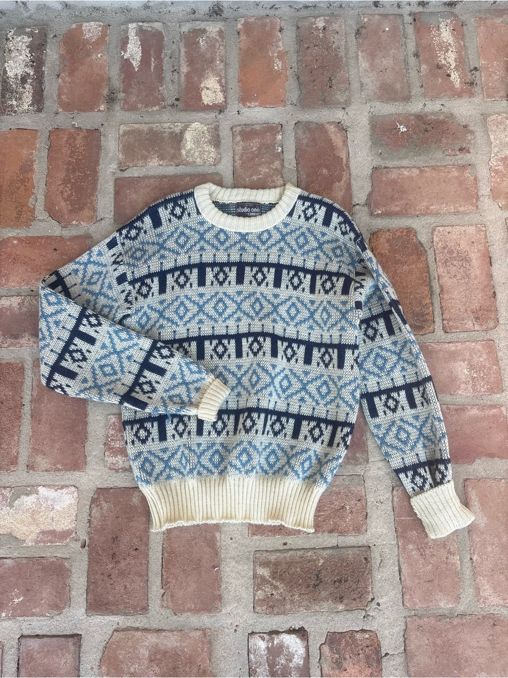 Studio One Fair Isle Crewneck Sweater in Blue and Cream